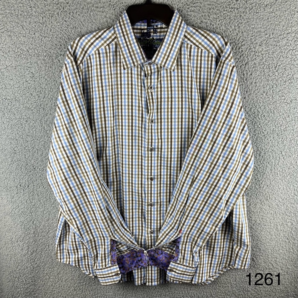 Robert Graham Men’s Flip Cuff 2XL Button Down Classic Fit‎ Blue & Beige Flannel